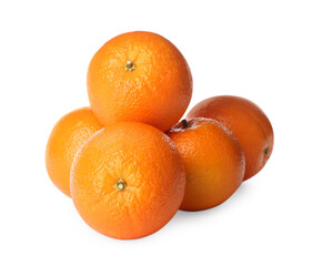 Delicious fresh ripe oranges on white background