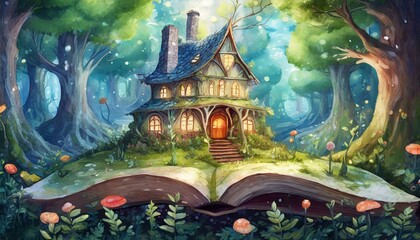 Fototapeta na wymiar fairy tale castle in forest, cozy little house in a magical woods on the pages of a fairy tale book
