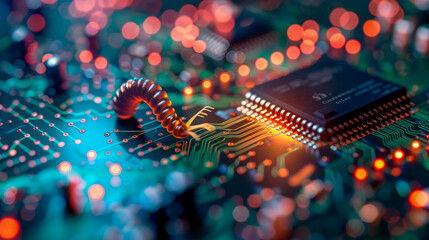 Close up view of a worm crawling on a computer electronic circuit board.
