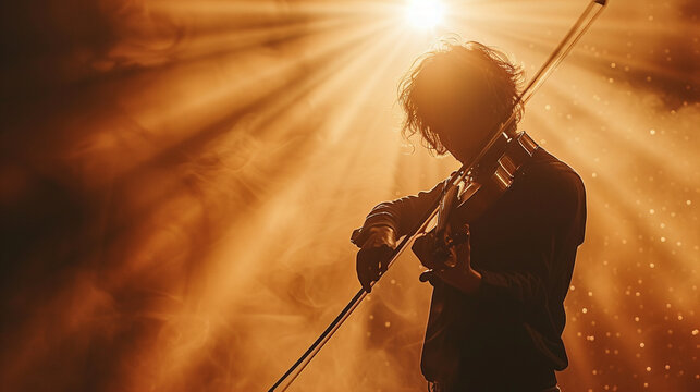 silhouette of man playing violin, concert and stage lights yellow background