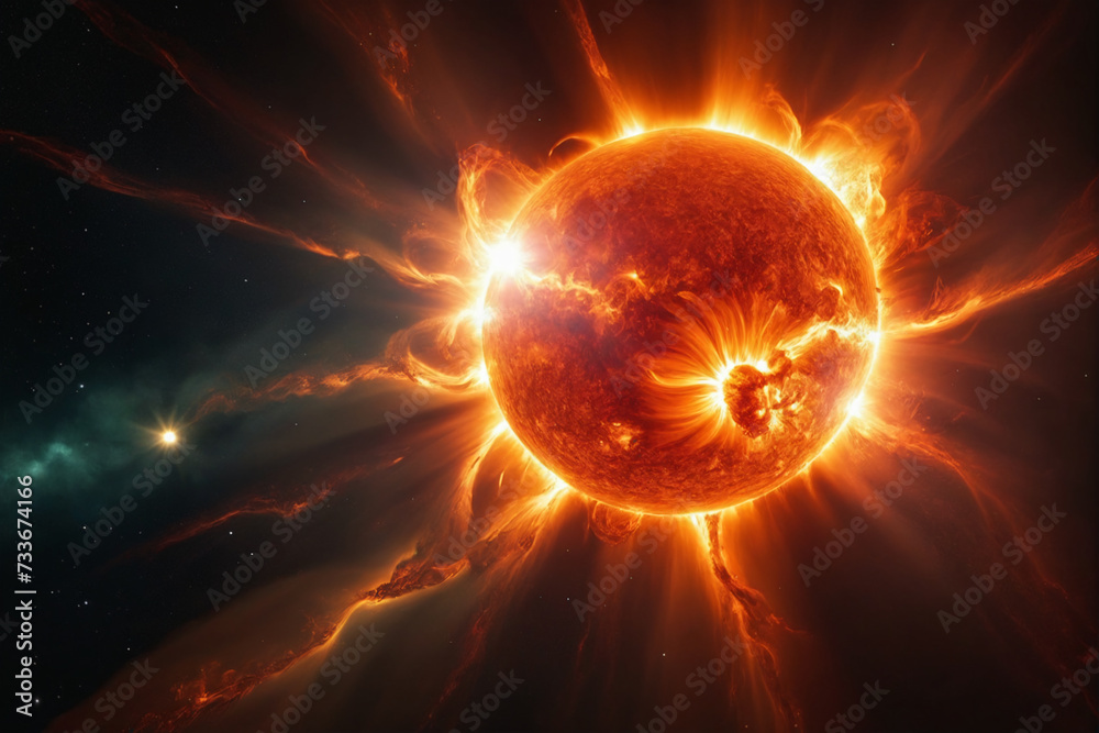 Poster a fantasy dynamic and fiery solar flare bursts with intense energy, radiating heat and light against