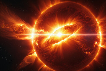 Obraz premium A fantasy dynamic and fiery solar flare bursts with intense energy, radiating heat and light against the dark backdrop of space