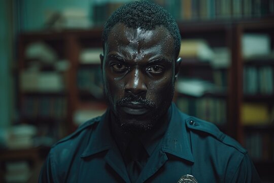 A solemn African American officer, his face marked with sweat, stands resolute among library shelves, embodying the vigilance and intensity of law enforcement dedicated to protecting knowledge.