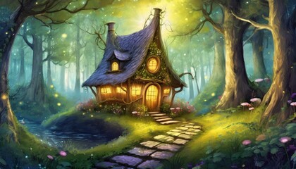 fairy tale castle in forest, cozy little house in a magical woods on the pages of a fairy tale book