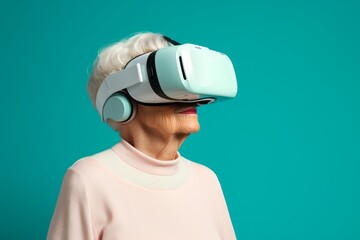  71-year-old Caucasian woman wearing wireless VR glasses against a solid pastel green background with copy space, his expression filled with curiosity as he explores the virtual landscape, with space 