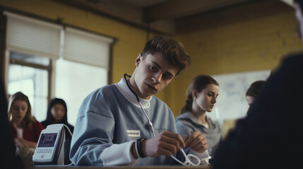 A student in medical training uses a modern blood pressure device