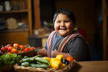 Fototapeta premium Photograph a chubby boy, 6 years old, of Native American descent, smiling brightly while holding a homemade healthy snack in a kitchen filled with fruits and vegetables