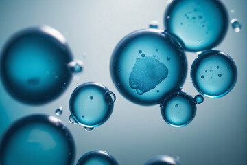A macro shot of translucent blue bubbles representing a concept of cells or molecules in a liquid medium