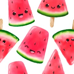 Seamless pattern with cute watermelon slices, delicious dessert, summer pattern in watercolor style.