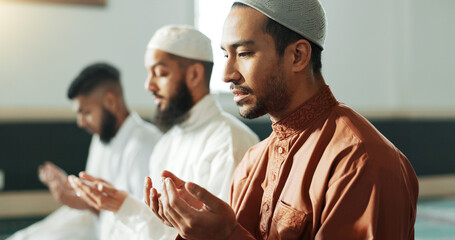 Islamic, praying and men in a Mosque for spiritual religion together as a group to worship Allah in...