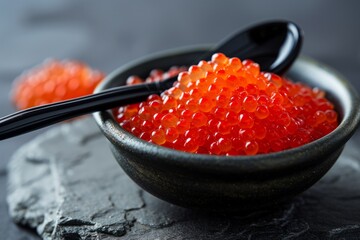 Black Spoon Holds Red Caviar On Black Plate, Set On Stone Table