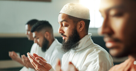 Muslim, praying and group in a Mosque for spiritual religion together as men to worship Allah in...