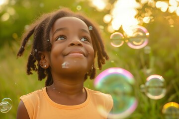 Joyful African American Girl Enjoying Carefree Moment With Soap Bubbles
