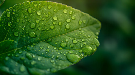 Raindrops on Vibrant Green Leaf with Visible Veins in Natural Light and Blurry Background