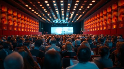 Auditorium with Red Lighting Business Conference Attendees Watching Presentation on Large Screen