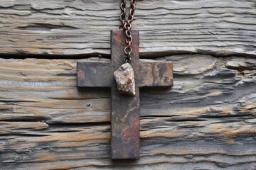 Rustic Cross: Beautiful Piece With A Hanging Chain And Stone Centerpiece