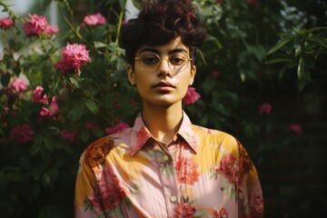  A non-binary individual, aged 25, of South Asian descent, wearing a vibrant floral shirt and round glasses, their expression confident and serene as they stand in a sunlit garden