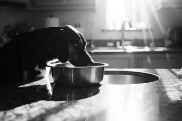 Quenching The Thirst: Dog Hydrates In A Shiny Metal Bowl In The Kitchen. - obrazy, fototapety, plakaty
