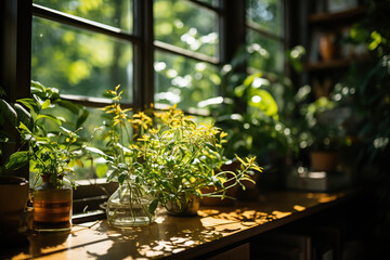 Fototapeta na wymiar Window sill with green plants in pots in sunlight. Generated by artificial intelligence