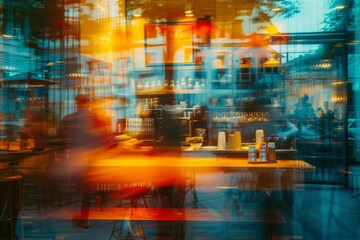 Vibrant, Bustling City Cafe With An Abstract, Blurred Backdrop And Empty Coffee Counter