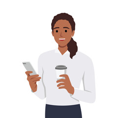 Business woman holding smartphone and takeaway coffee. Communication concept. Communication concept