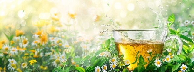 Splashing herbal tea design with healthy mountain herbs on wooden background. Natural organic hot beverage for cold flu season, winter holidays packaging, banner or flyer template with copy space