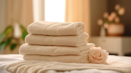 Obraz na płótnie Canvas The pile of clean beige towels on the table in the bed