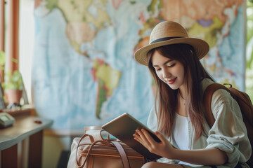 Young Asian woman planning vacation trip on tablet home. Travel, summer and holiday concept