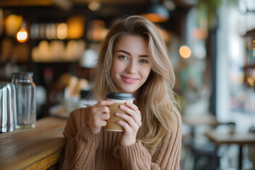 Portrait of beautiful young woman drinking coffee in cafe on weekend. Relaxation, lifestyle concept