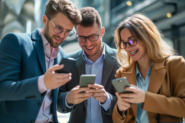 Group of business people using a mobile phone while talking together. Business, lifestyle concept