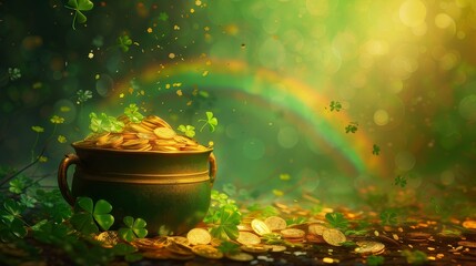 St Patricks Day Pot of Gold Coins and Clovers with a Rainbow in the Background in Cartoon Style