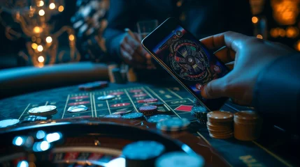 Fotobehang Blackjack player using smartphone to play online casino. Isolated on black background. © Nadzeya