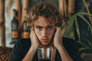 Nervous Man With Unkempt Hair, Clutching Cocktail Glass With Trembling Hands - obrazy, fototapety, plakaty