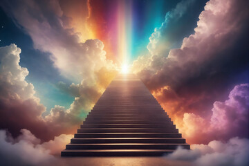 A mystical depiction of a celestial staircase ascending towards a radiant, divine light amidst ethereal clouds and a spectrum of cosmic colors - obrazy, fototapety, plakaty