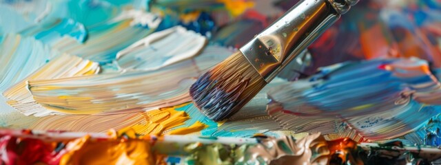 Fototapeta premium Palette and Paintbrush Banner: Vibrant Colors Bursting from the Canvas on a Light, Defocused Background, Infusing Positivity and Creativity with Ample Copyspace