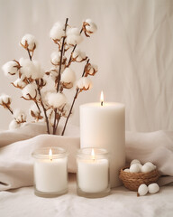 Fototapeta na wymiar Table with cotton flower and aroma candles near bright wall background