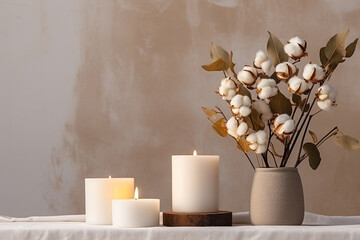 Obraz na płótnie Canvas Table with cotton flower and aroma candles near bright wall background