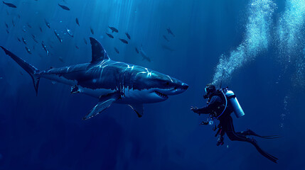 Diver And Great White Shark