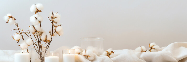Table with cotton flower and aroma candles near bright wall background - Powered by Adobe