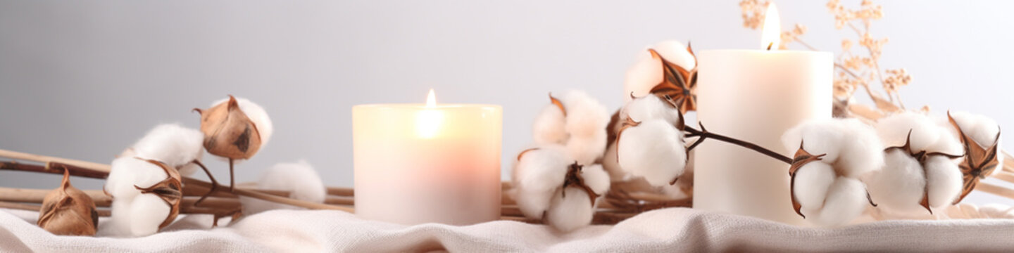 Table with cotton flower and aroma candles near bright wall background