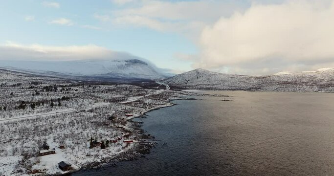 Aerial View of Snowy E10 Highway to Narvik, Norway