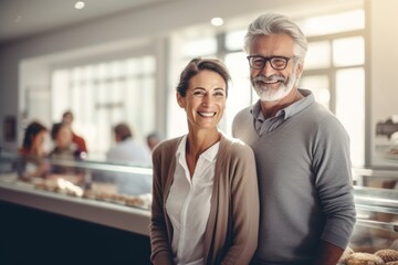Mature couple smiling in a bakery.