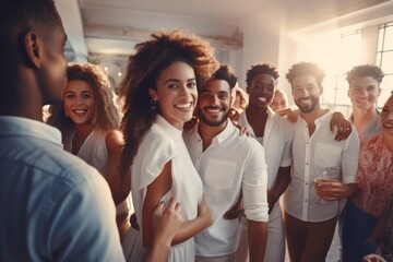 Joyful group celebrating in white attire