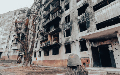 destroyed and burned houses in the city Russia Ukraine war