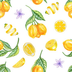 Lemon fruits and flowers on branches watercolor seamless pattern. Endless background with blooming citrus twigs for wallpaper and fabric. Summer hand drawn mediterranean print.