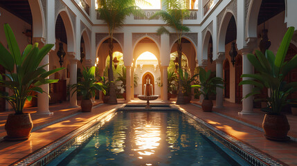 A Moroccan pool is surrounded by potted plants and a fountain in the middle. The room has arches and a high ceiling. - obrazy, fototapety, plakaty