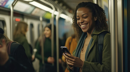 A woman on the subway smiles and plays with her smartphone