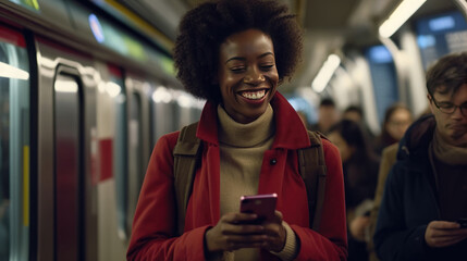 A woman on the subway smiles and plays with her smartphone