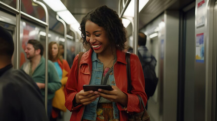 A woman on the subway smiles and plays with her smartphone