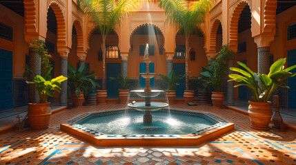 Obraz premium A Moroccan pool is surrounded by potted plants and a fountain in the middle. The room has arches and a high ceiling.